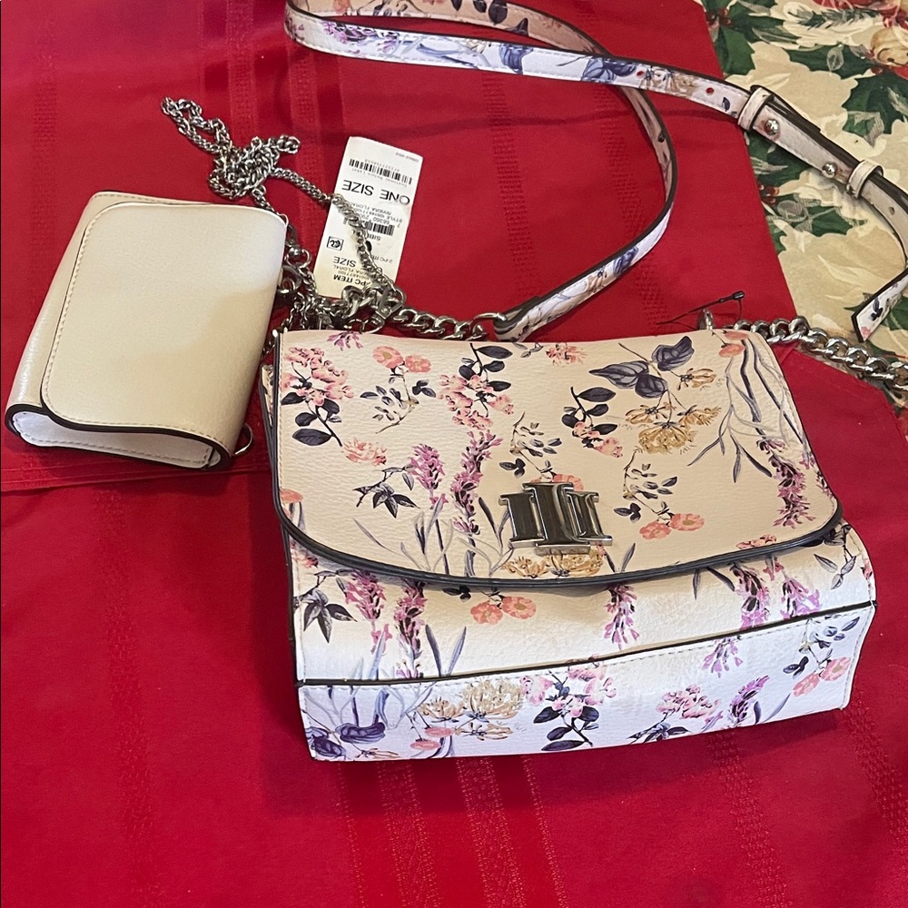 INC International Concepts Cream Floral Crossbody Bag with Chain Strap